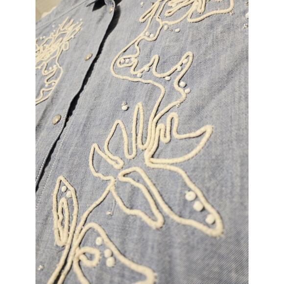 Vtg Carole Little Sz L Blue Western Embroidered Blouse Shirt Cotton Preppy Fairy - Picture 3 of 8